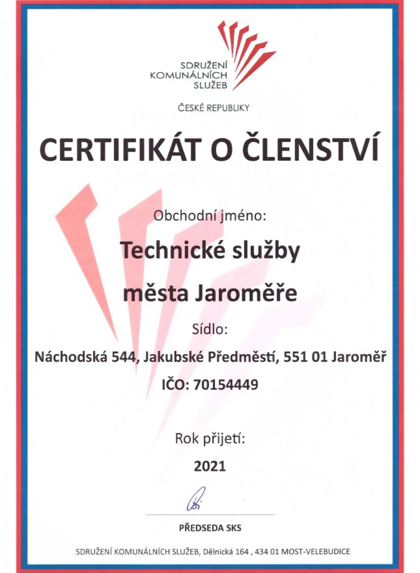 Sdružení komunálních služeb - certifikát o členství (rok přijetí 2021)